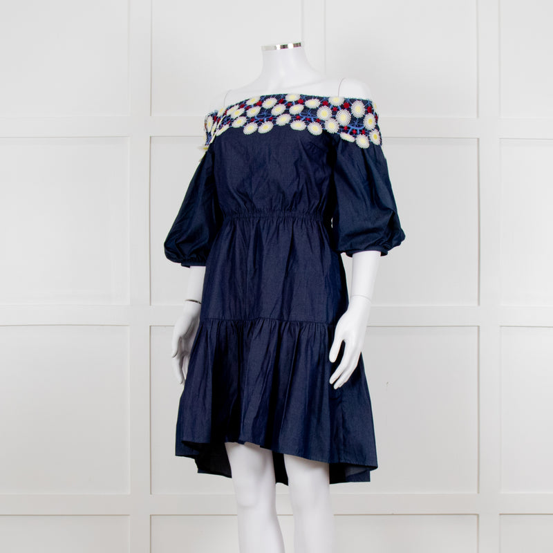 Peter Pilotto Navy White Yellow Lace Neck Trim Cotton Mini Dress