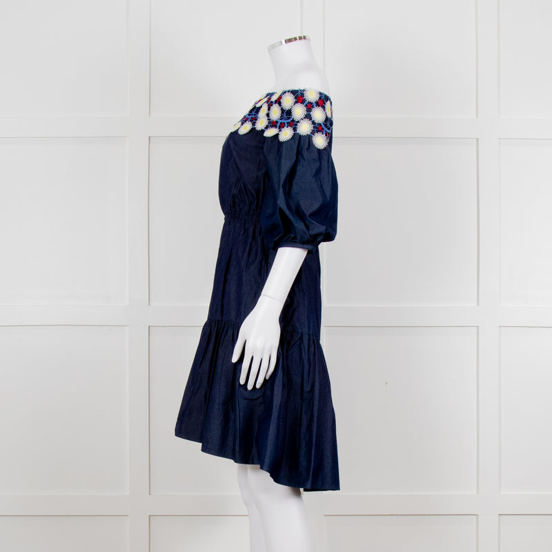 Peter Pilotto Navy White Yellow Lace Neck Trim Cotton Mini Dress