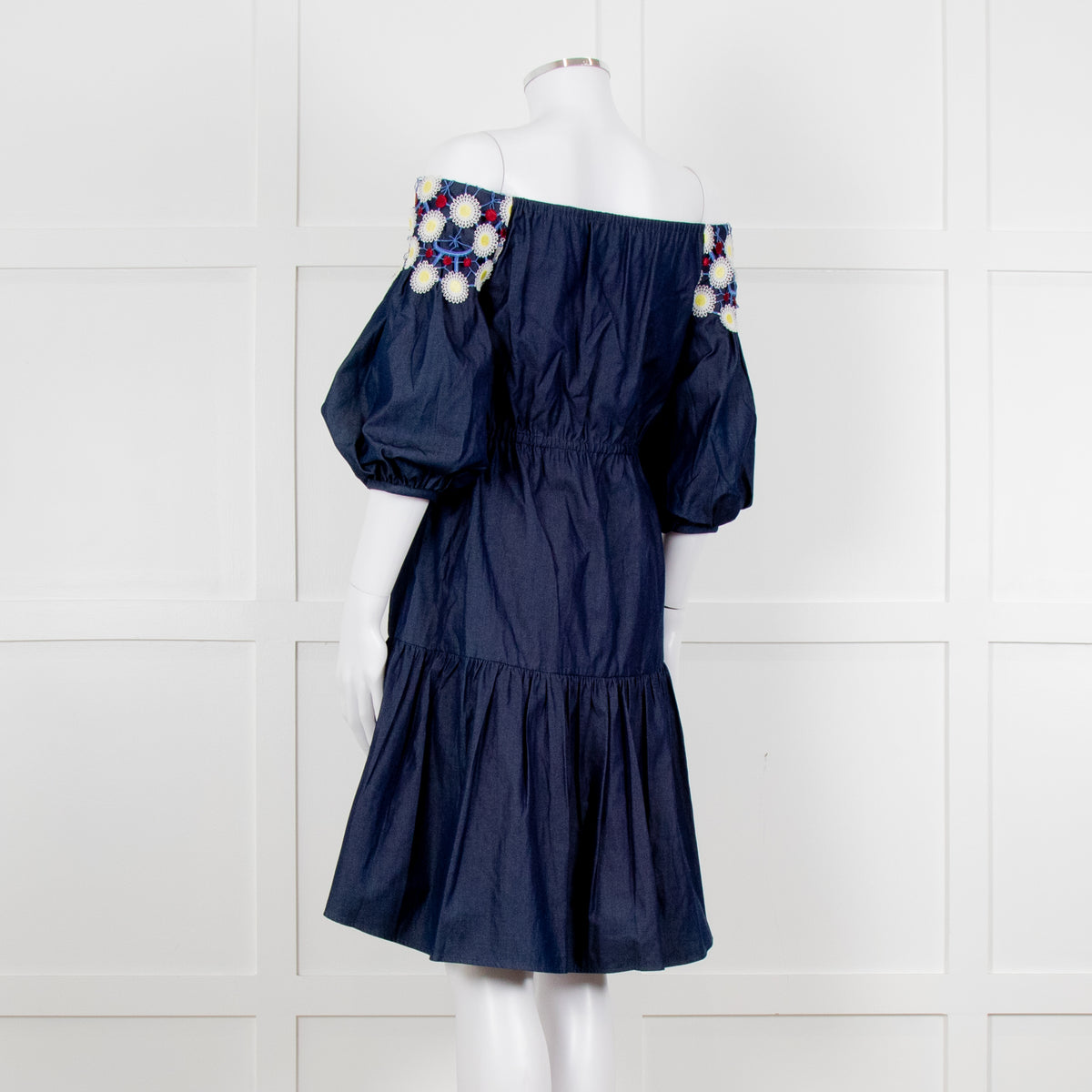 Peter Pilotto Navy White Yellow Lace Neck Trim Cotton Mini Dress