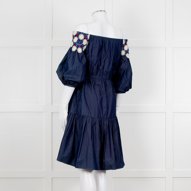 Peter Pilotto Navy White Yellow Lace Neck Trim Cotton Mini Dress