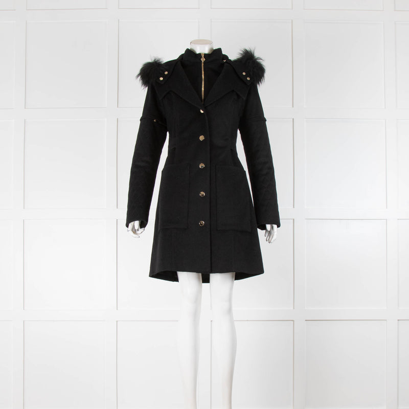 Tricouni Black Cashmere Coat Gold Zip Fur Trim Hood