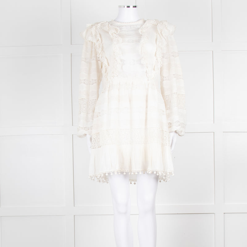 Ulla Johnson Cream Lace Frill Detail Mini Cotton Dress
