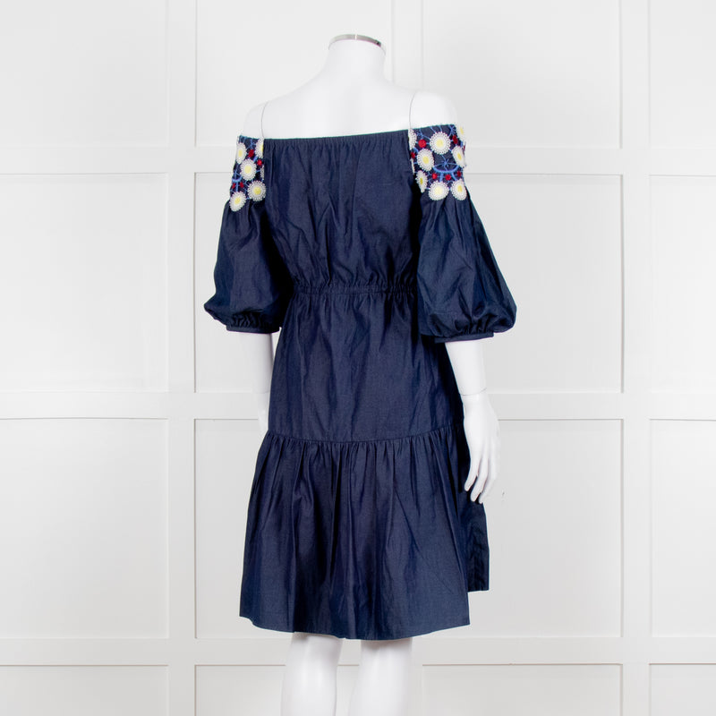 Peter Pilotto Navy White Yellow Lace Neck Trim Cotton Mini Dress
