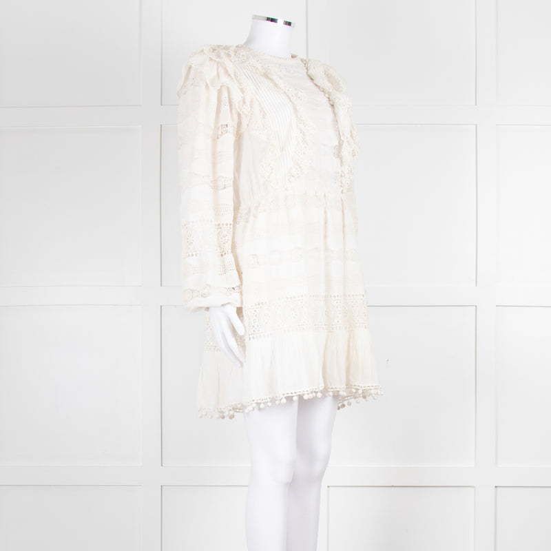 Ulla Johnson Cream Lace Frill Detail Mini Cotton Dress