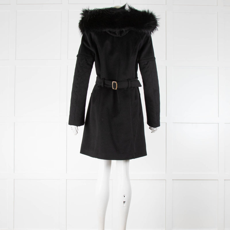 Tricouni Black Cashmere Coat Gold Zip Fur Trim Hood