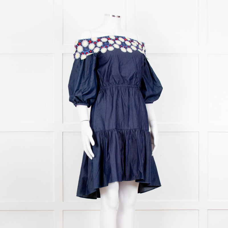 Peter Pilotto Navy White Yellow Lace Neck Trim Cotton Mini Dress
