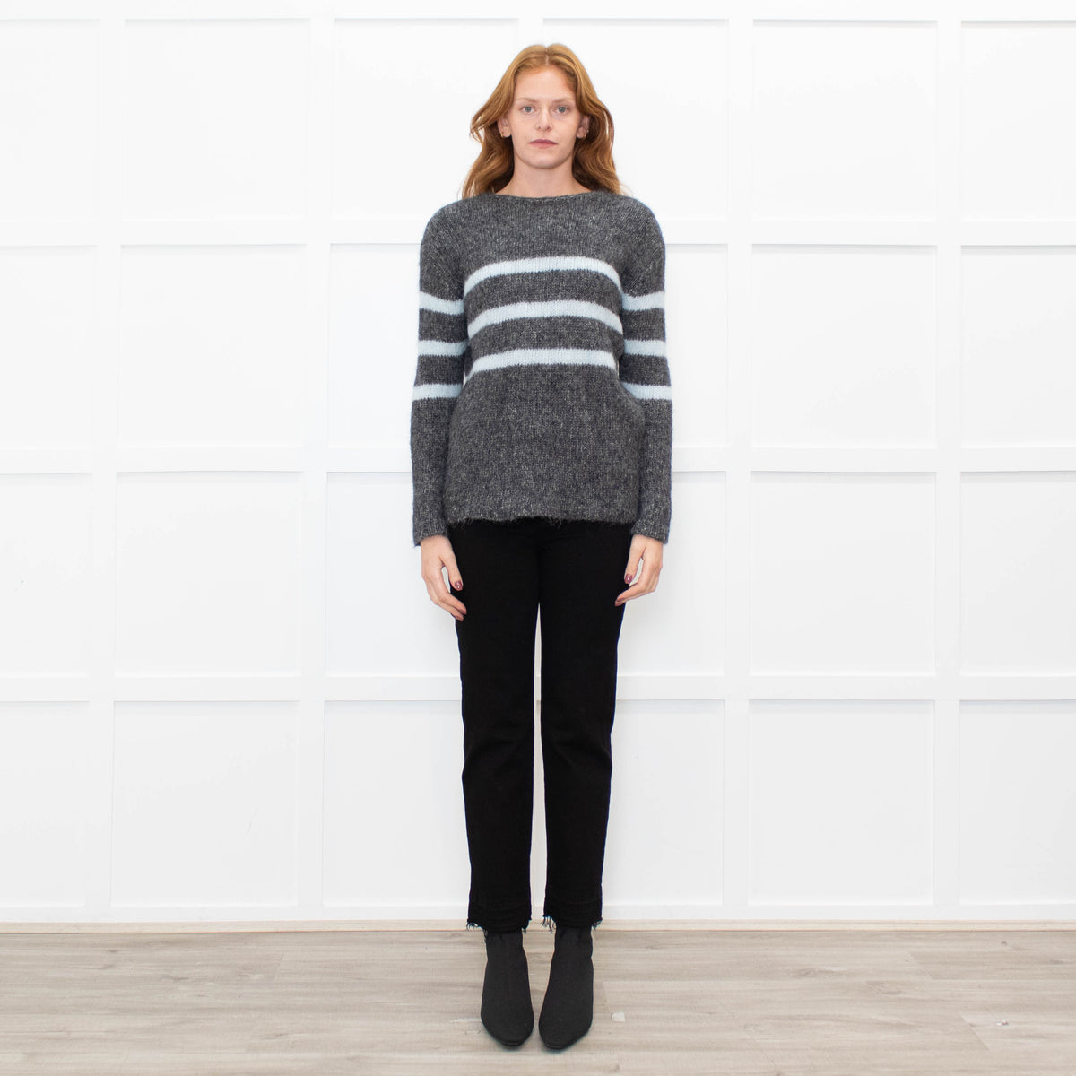 Les Racines Du Ciel Grey Light Blue Stripes Wool Blend Jumper