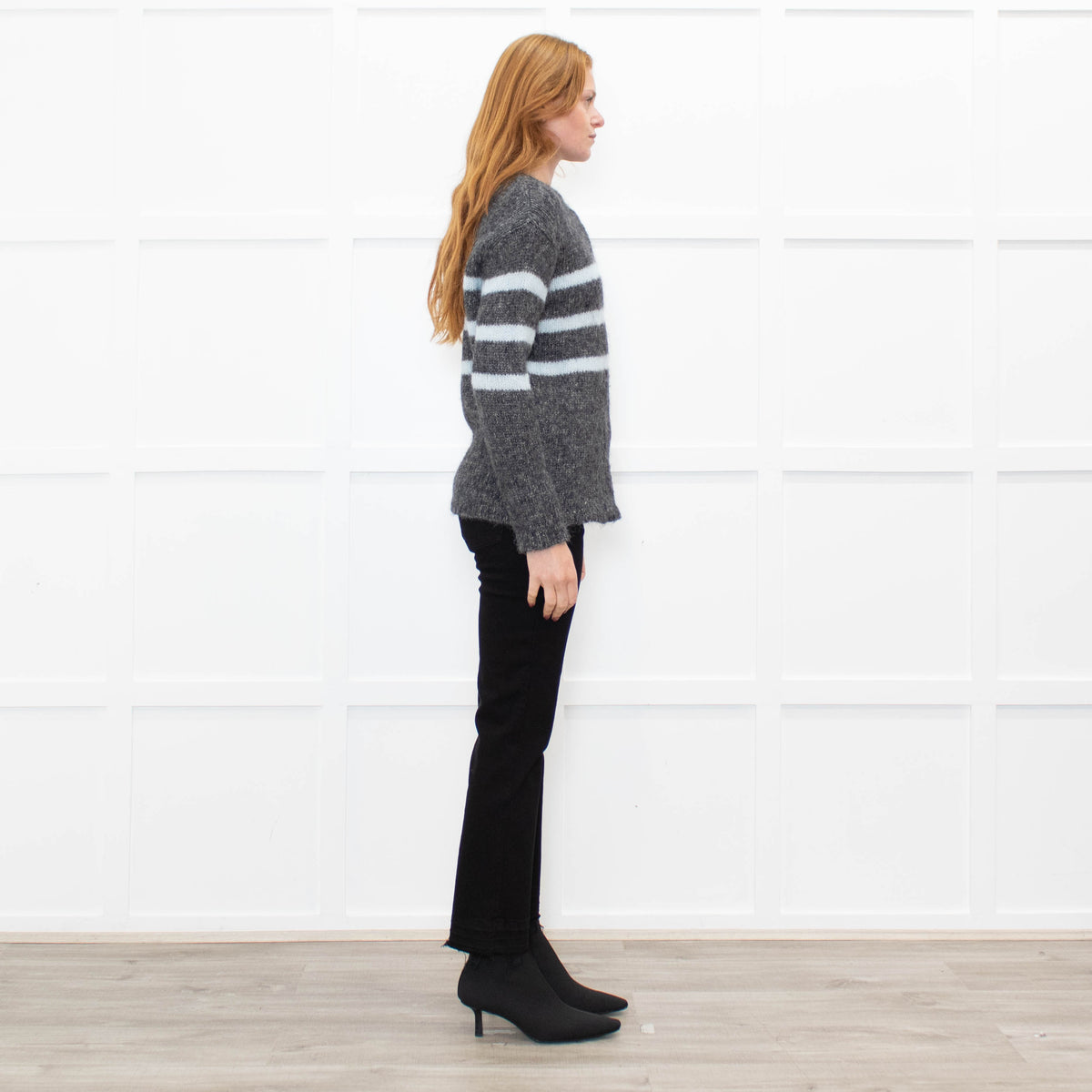 Les Racines Du Ciel Grey Light Blue Stripes Wool Blend Jumper