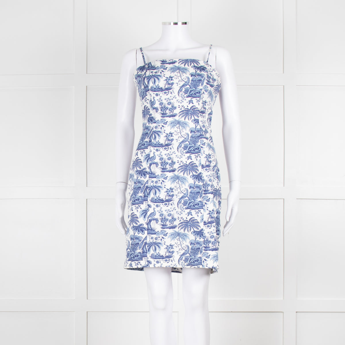 Staud White Blue Jungle Print Sleeveless Cotton Mini Dress