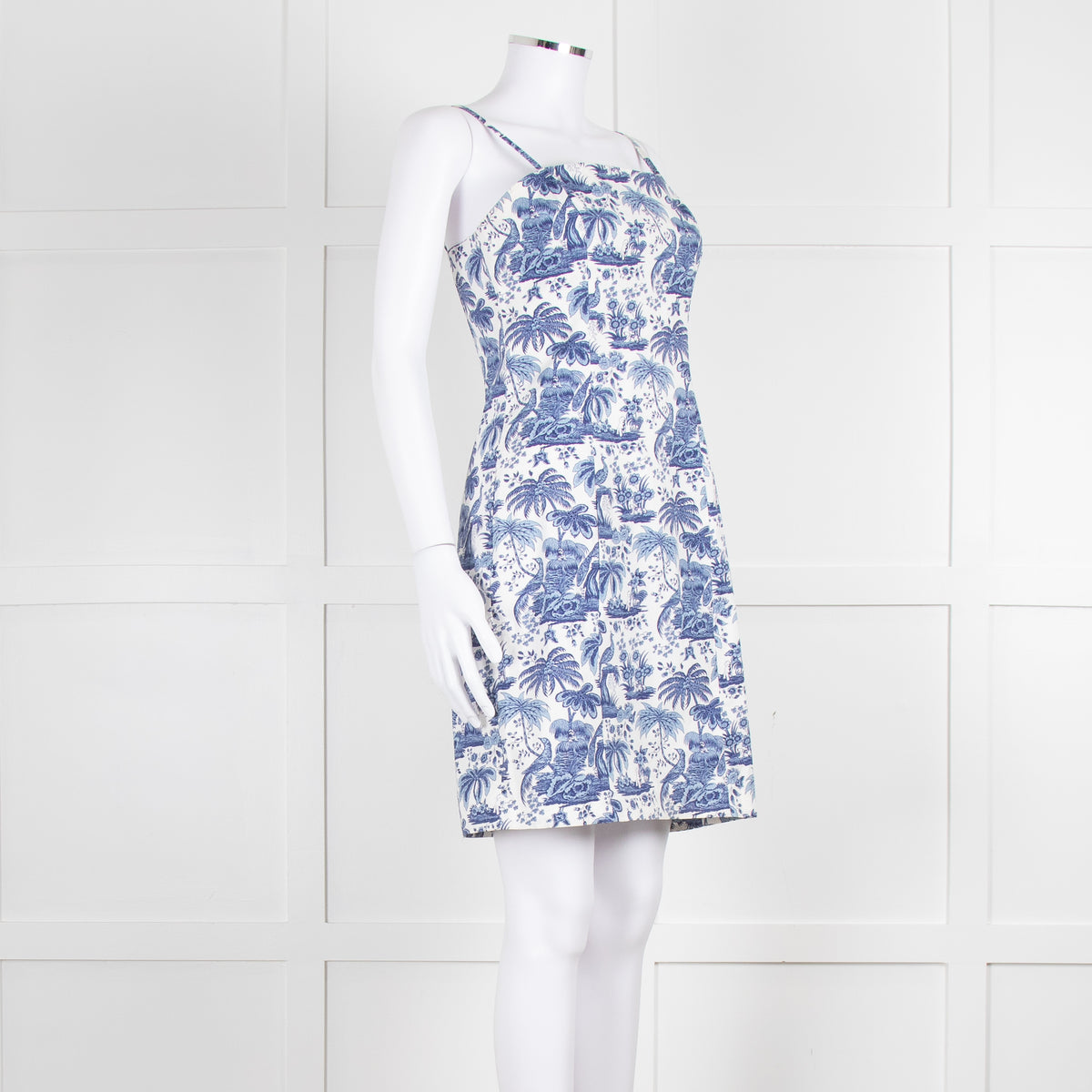 Staud White Blue Jungle Print Sleeveless Cotton Mini Dress