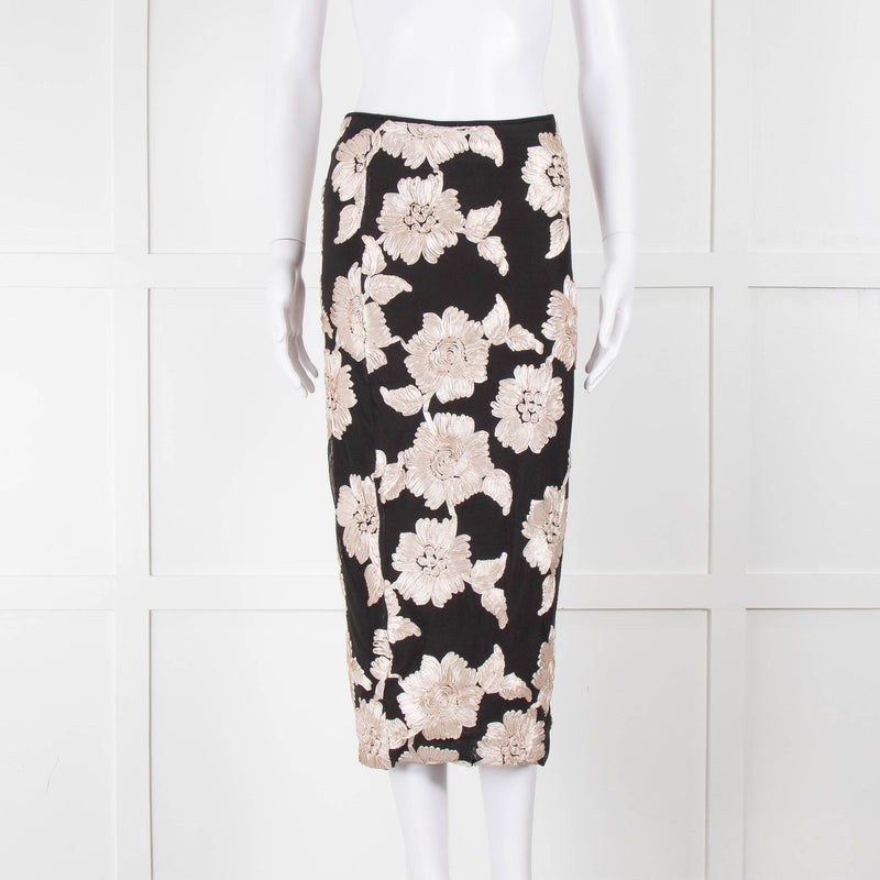 Rotate Birger Christensen Black With Cream Applique Flowers Stretch Skirt