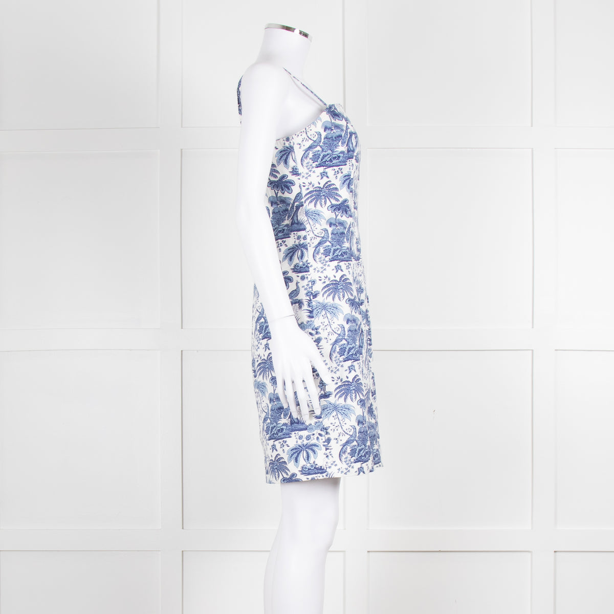 Staud White Blue Jungle Print Sleeveless Cotton Mini Dress
