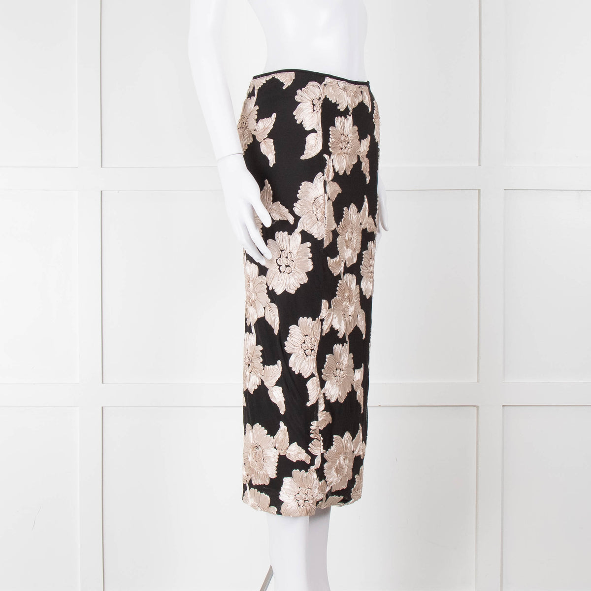 Rotate Birger Christensen Black With Cream Applique Flowers Stretch Skirt