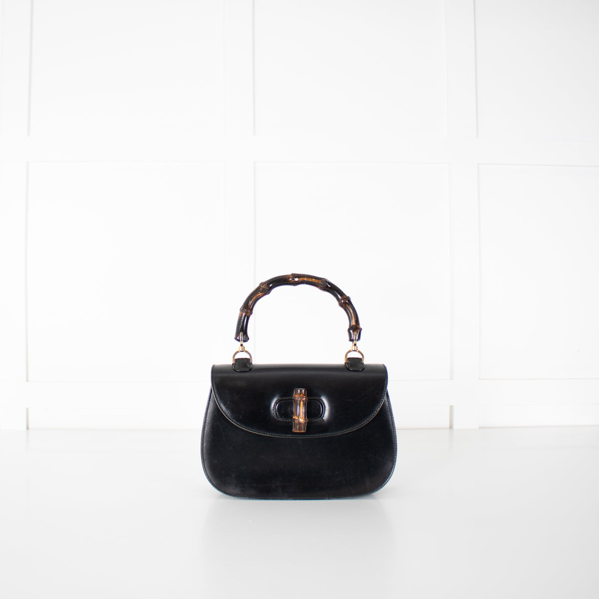 Gucci Black Leather Vintage Bamboo Handbag