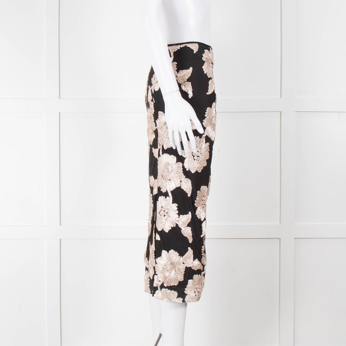 Rotate Birger Christensen Black With Cream Applique Flowers Stretch Skirt