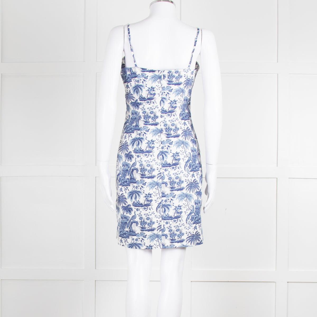 Staud White Blue Jungle Print Sleeveless Cotton Mini Dress