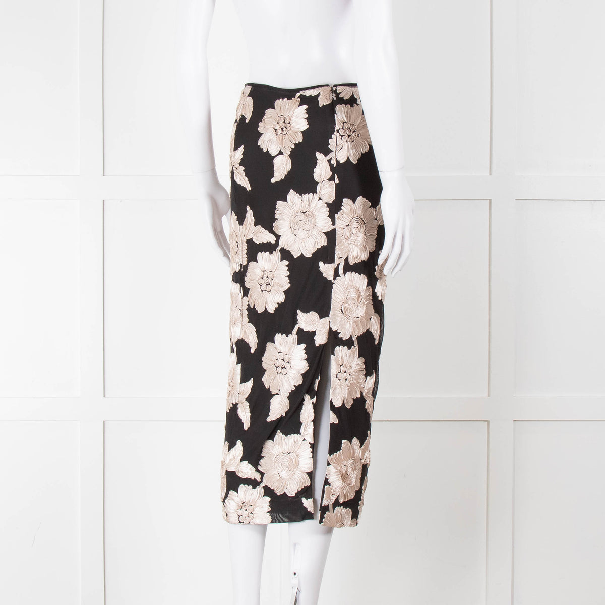 Rotate Birger Christensen Black With Cream Applique Flowers Stretch Skirt
