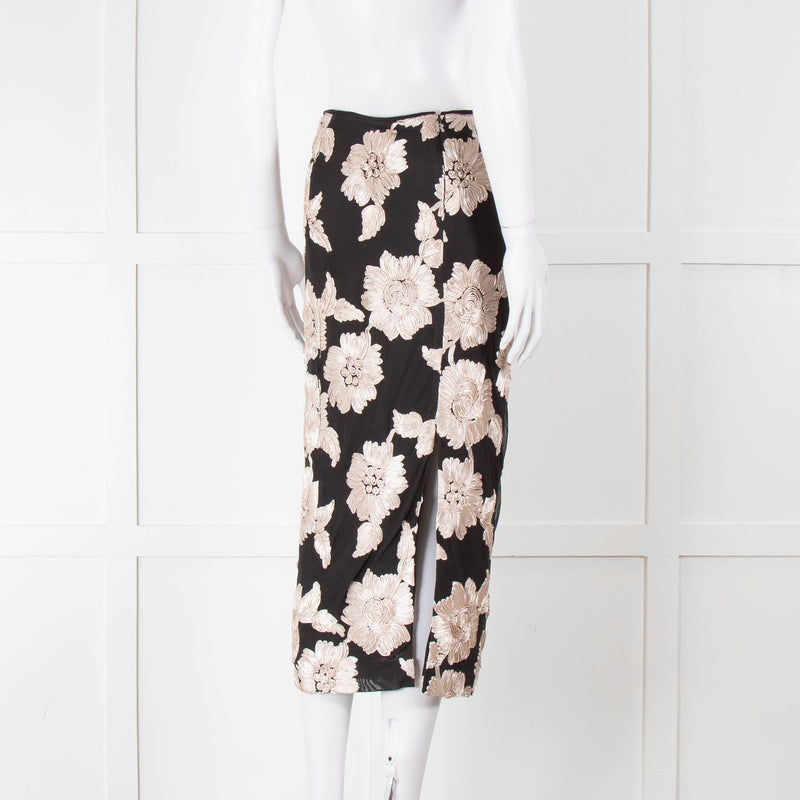 Rotate Birger Christensen Black With Cream Applique Flowers Stretch Skirt