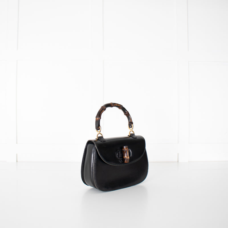 Gucci Black Leather Vintage Bamboo Handbag