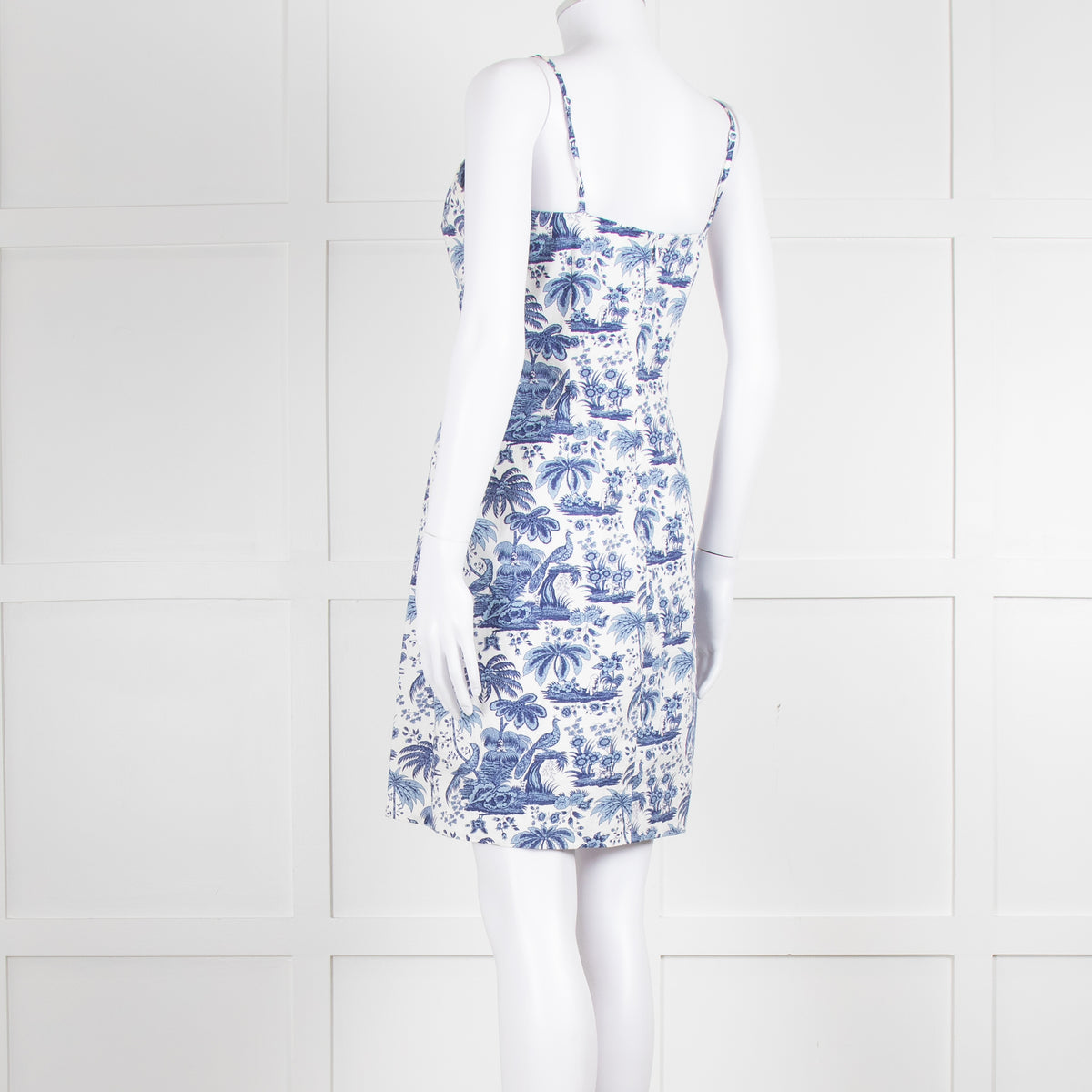 Staud White Blue Jungle Print Sleeveless Cotton Mini Dress