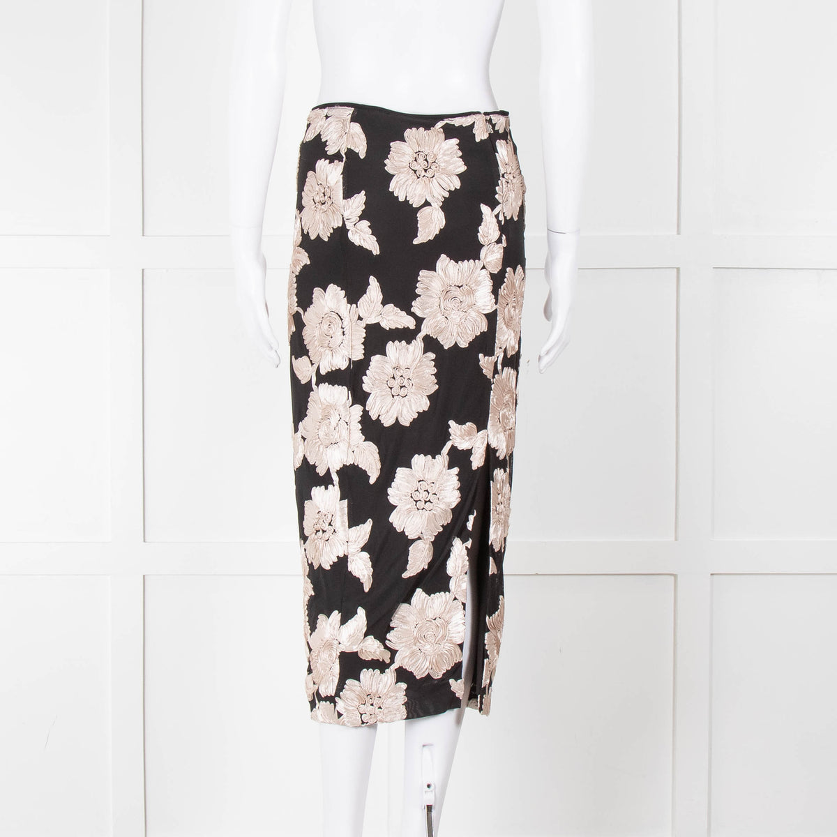 Rotate Birger Christensen Black With Cream Applique Flowers Stretch Skirt