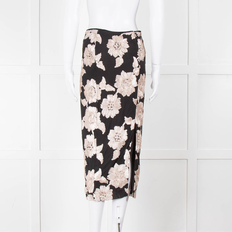 Rotate Birger Christensen Black With Cream Applique Flowers Stretch Skirt