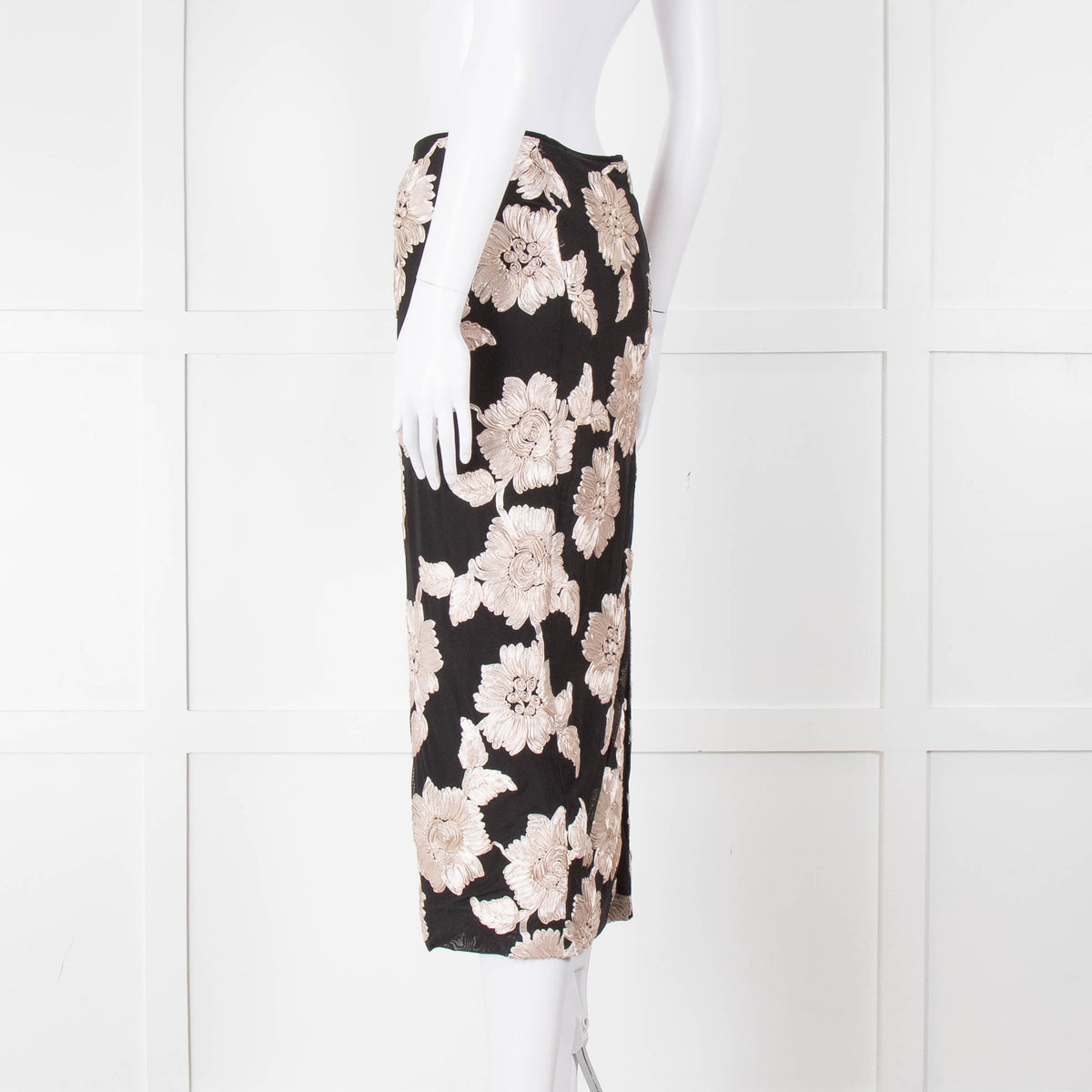 Rotate Birger Christensen Black With Cream Applique Flowers Stretch Skirt