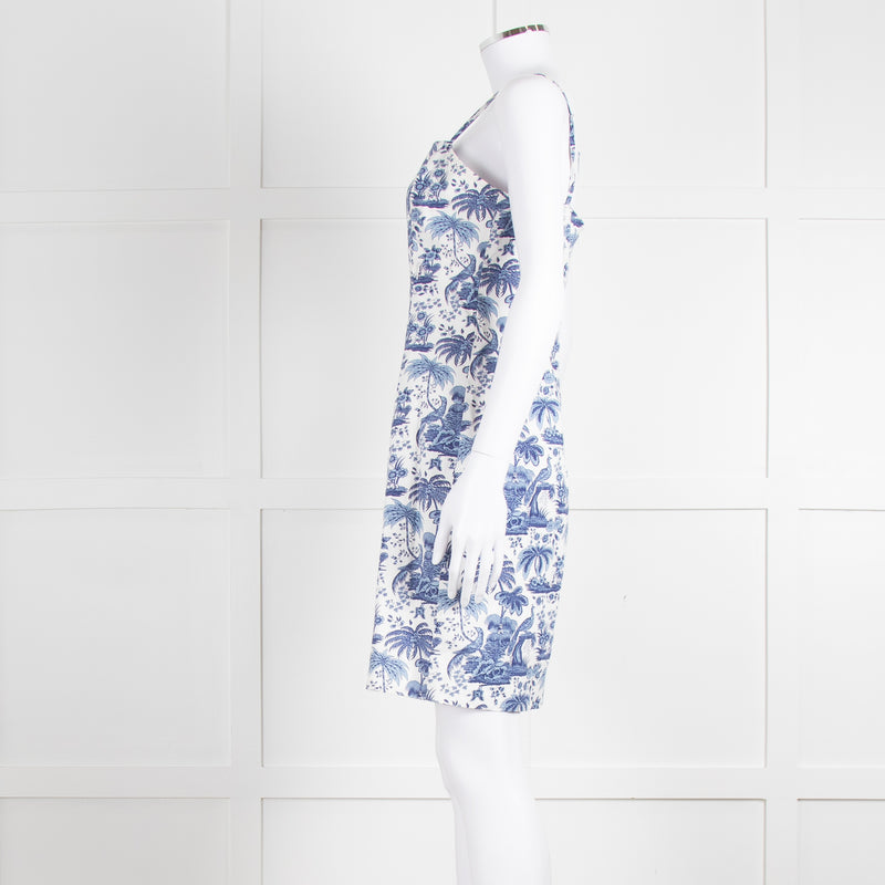Staud White Blue Jungle Print Sleeveless Cotton Mini Dress