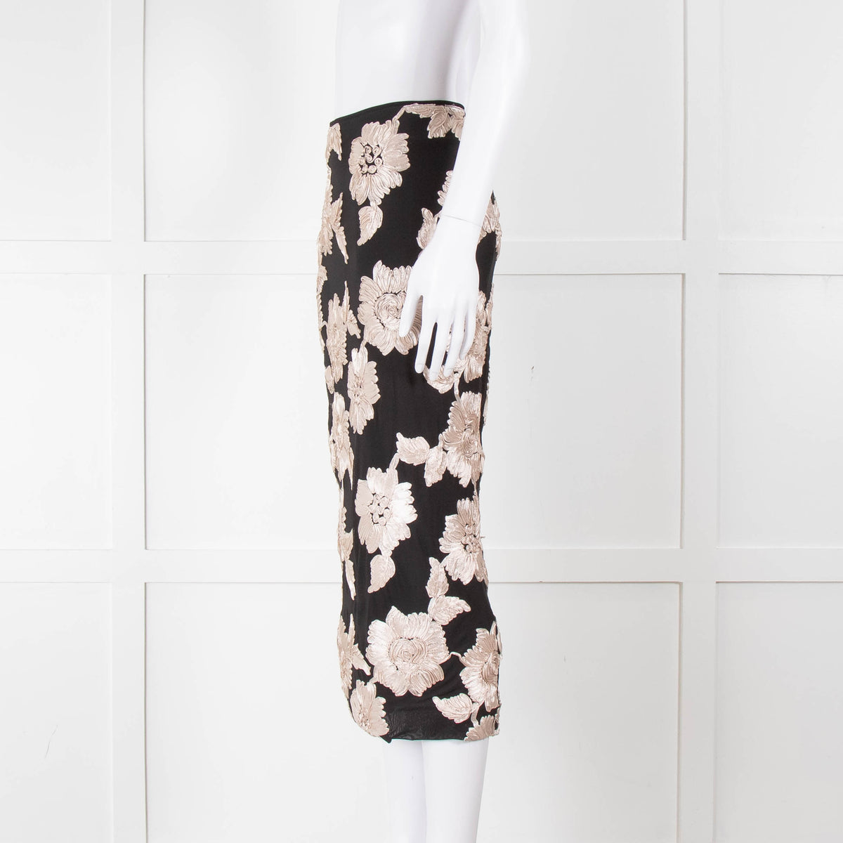 Rotate Birger Christensen Black With Cream Applique Flowers Stretch Skirt