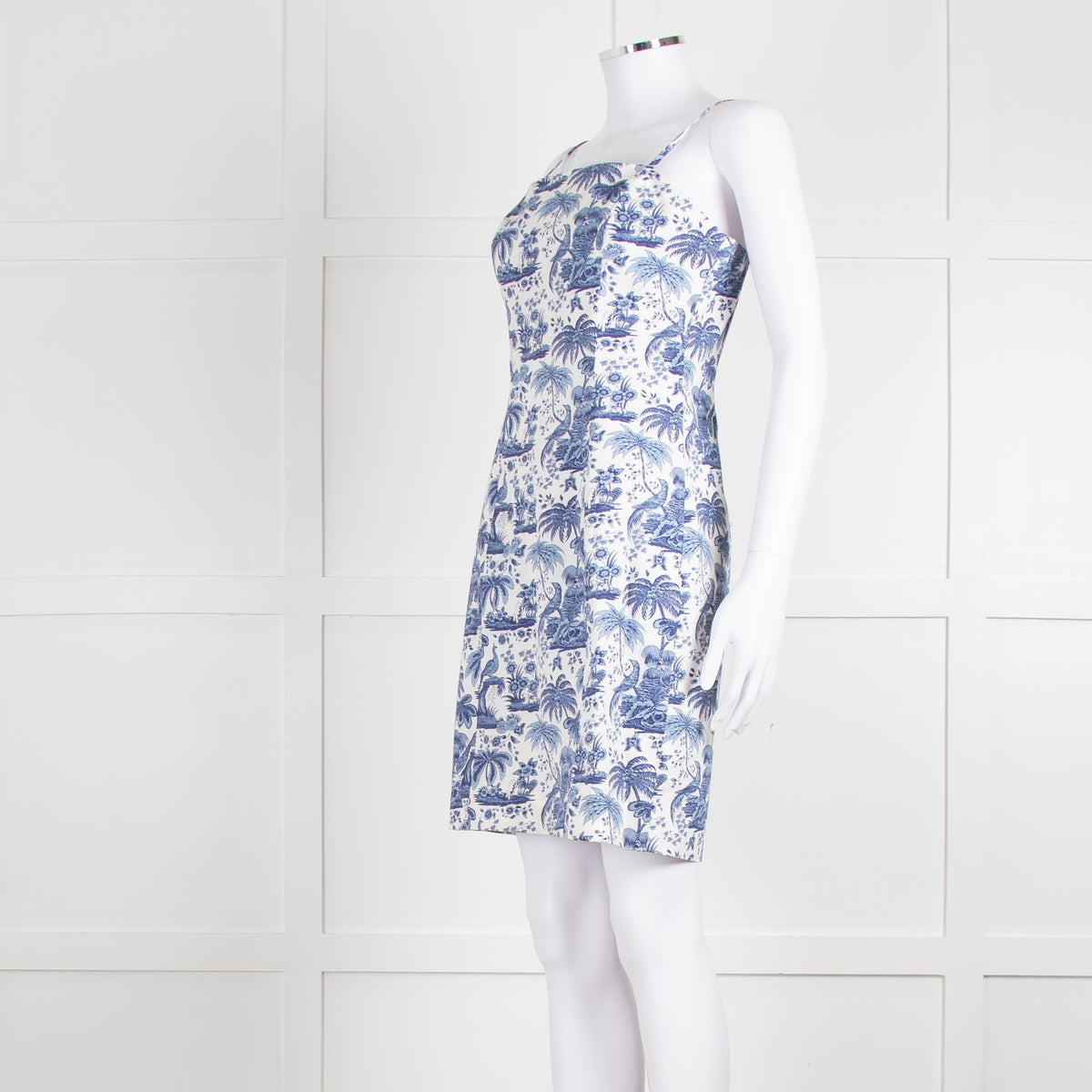Staud White Blue Jungle Print Sleeveless Cotton Mini Dress