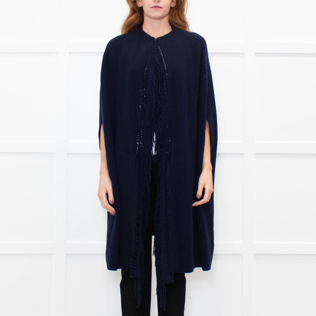 Stella McCartney Navy Front Fringe Sleeveless Knit Cape