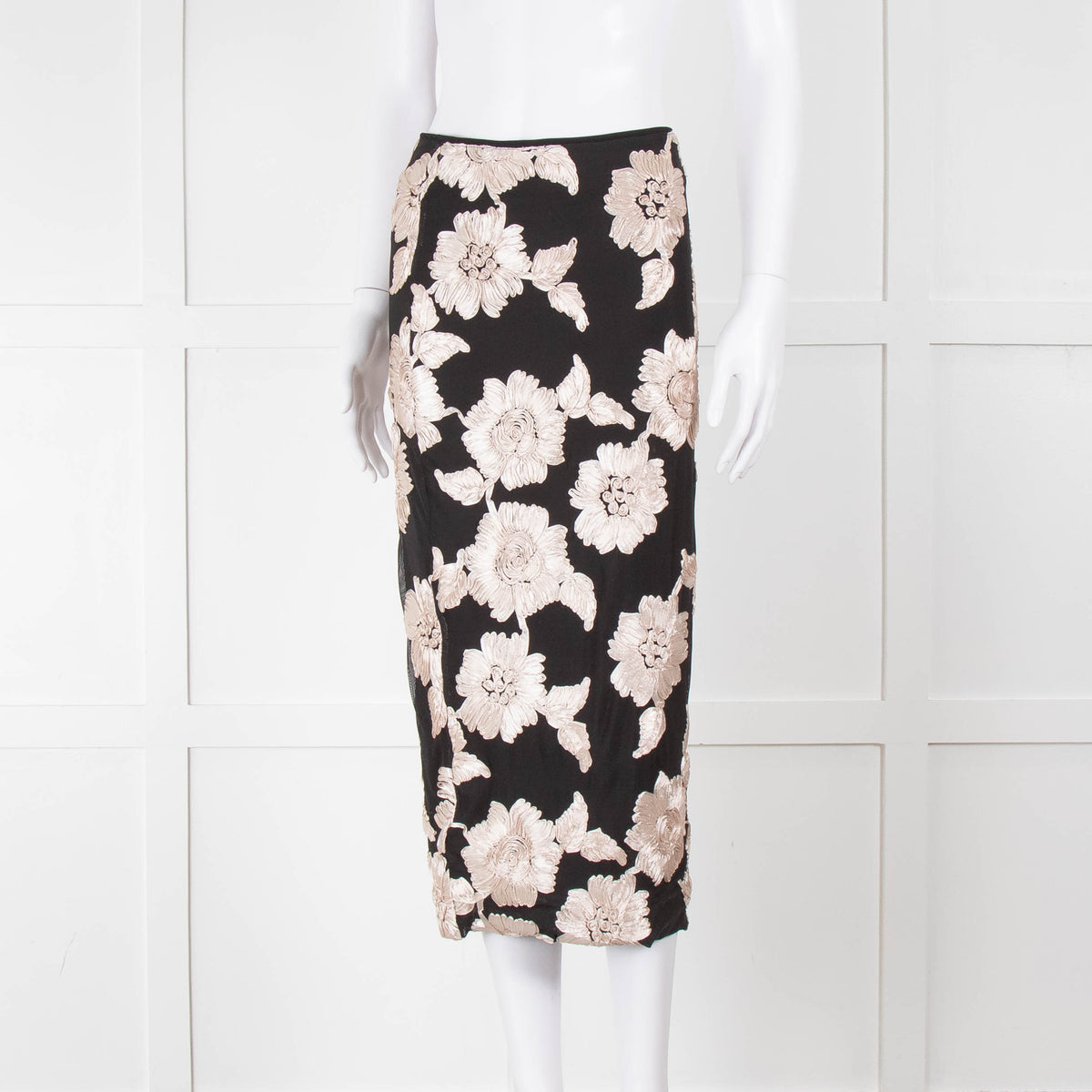 Rotate Birger Christensen Black With Cream Applique Flowers Stretch Skirt