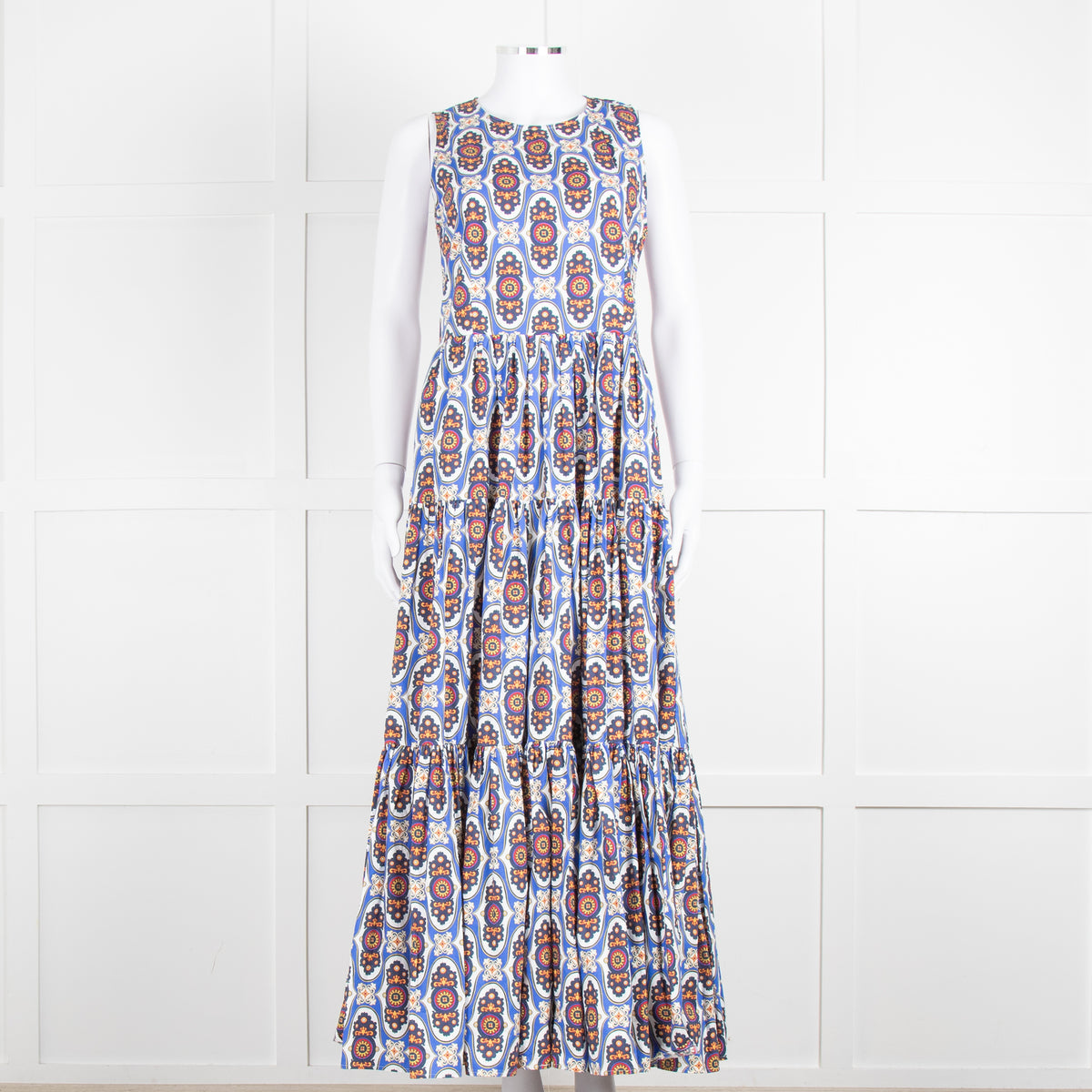 La Double J White Blue Cotton Sleeveless Tiered Maxi Dress