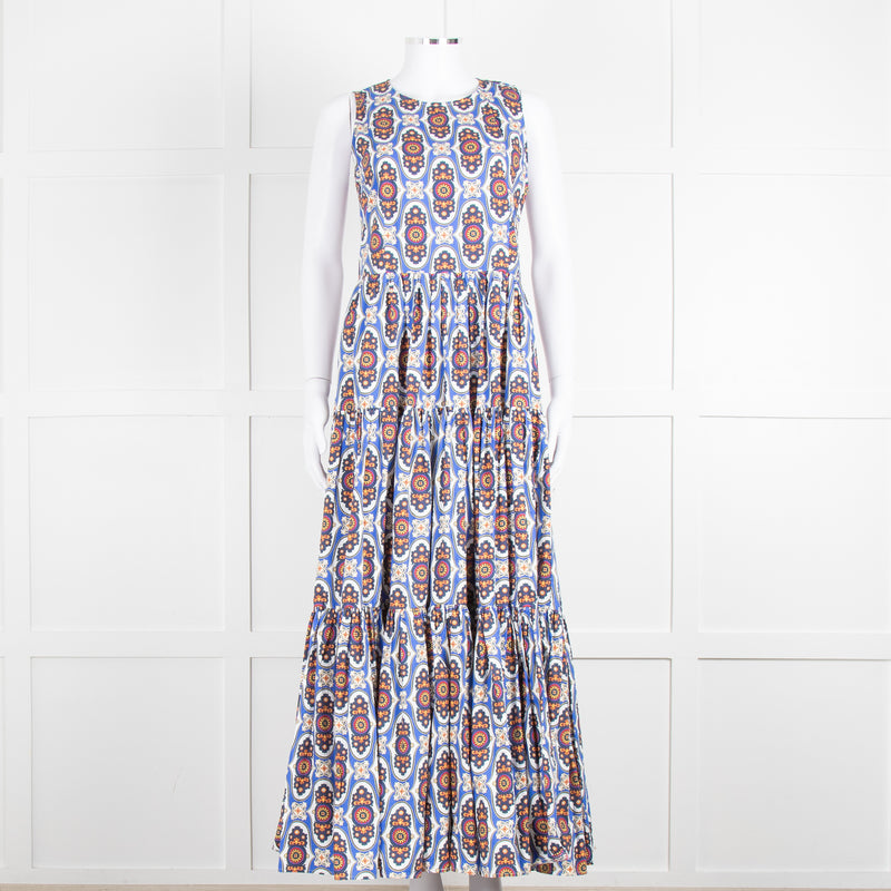 La Double J White Blue Cotton Sleeveless Tiered Maxi Dress