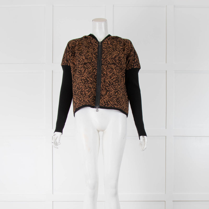 Sarah Pacini Tan Patterned Rib Sleeve Zip Up Hoodie
