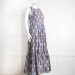 La Double J White Blue Cotton Sleeveless Tiered Maxi Dress
