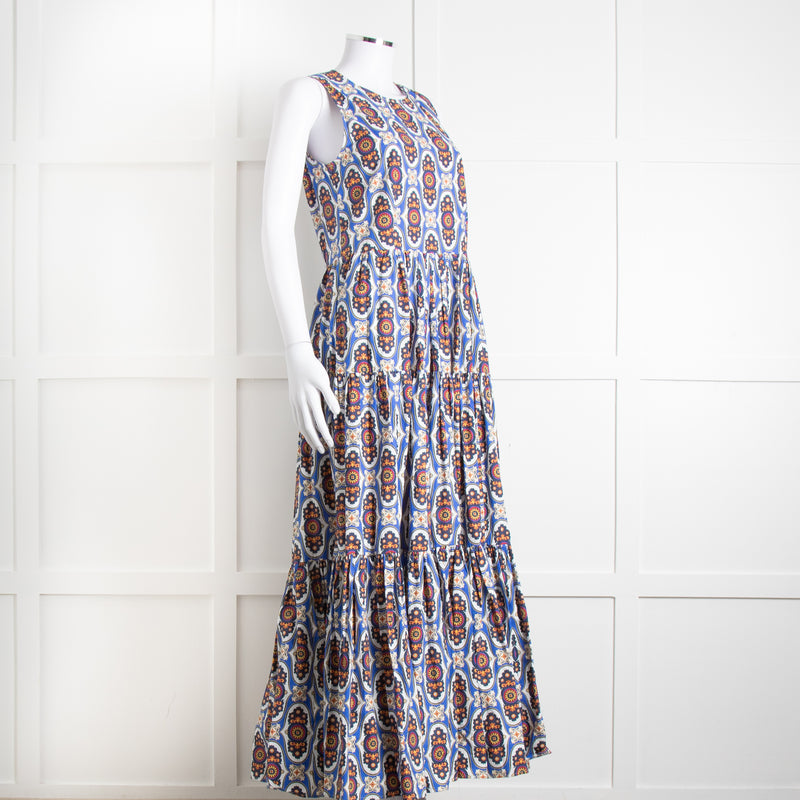 La Double J White Blue Cotton Sleeveless Tiered Maxi Dress