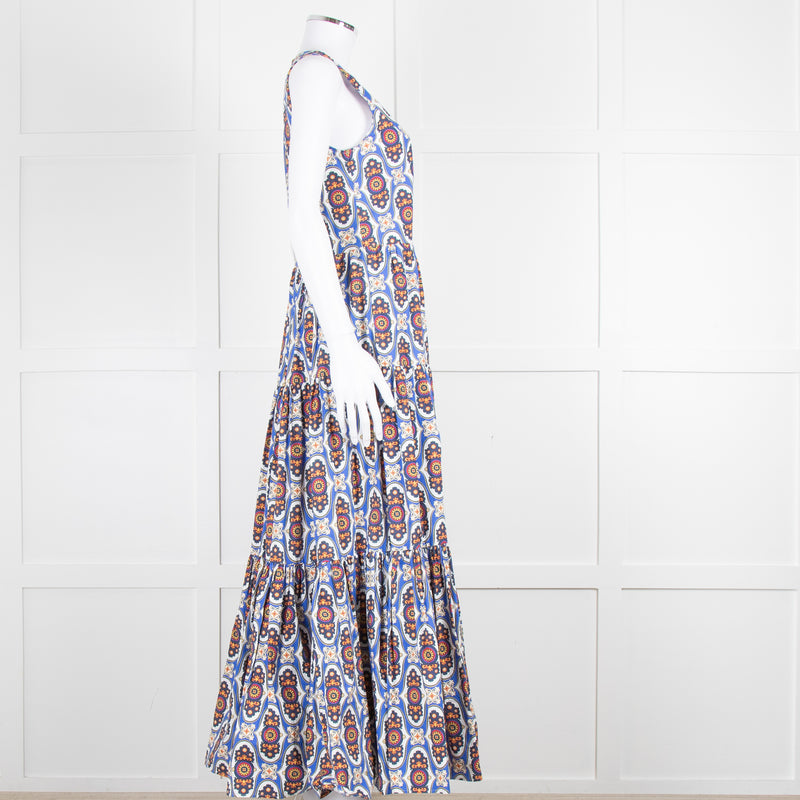 La Double J White Blue Cotton Sleeveless Tiered Maxi Dress