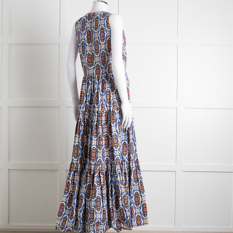 La Double J White Blue Cotton Sleeveless Tiered Maxi Dress