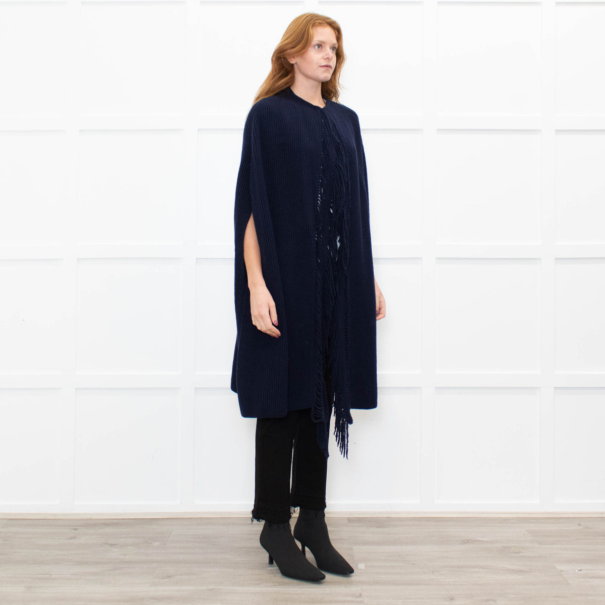 Stella McCartney Navy Front Fringe Sleeveless Knit Cape