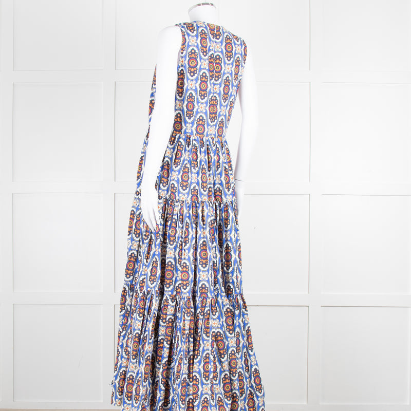 La Double J White Blue Cotton Sleeveless Tiered Maxi Dress