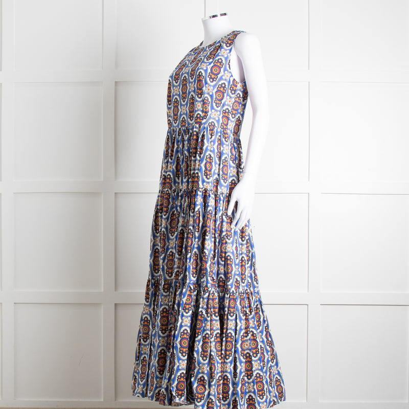 La Double J White Blue Cotton Sleeveless Tiered Maxi Dress