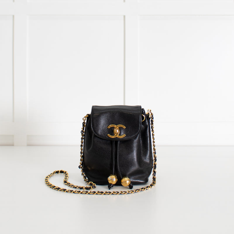 Chanel Black Caviar Leather Vintage Classic Flap Drawstring Crossbody Bag