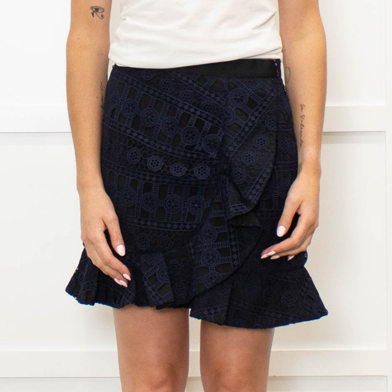 Self Portrait Blue Lace Mini Skirt With Frill Hem