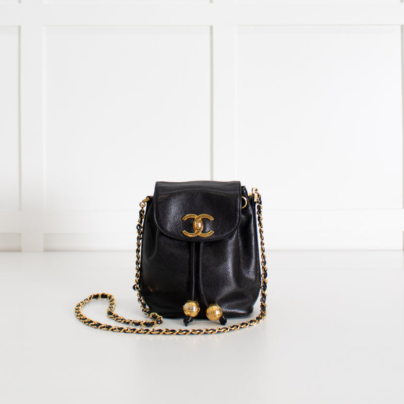 Chanel Black Caviar Leather Vintage Classic Flap Drawstring Crossbody Bag