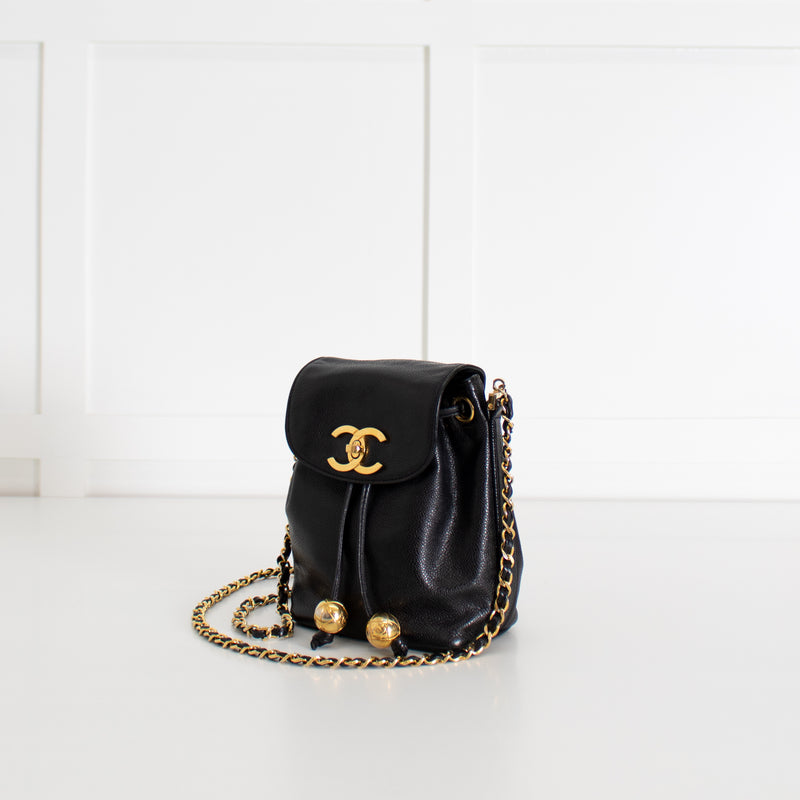 Chanel Black Caviar Leather Vintage Classic Flap Drawstring Crossbody Bag
