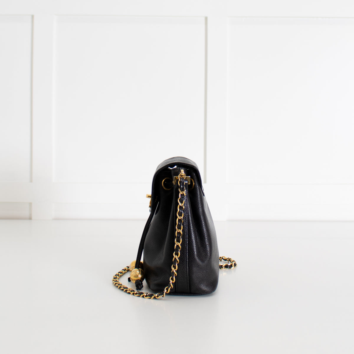 Chanel Black Caviar Leather Vintage Classic Flap Drawstring Crossbody Bag