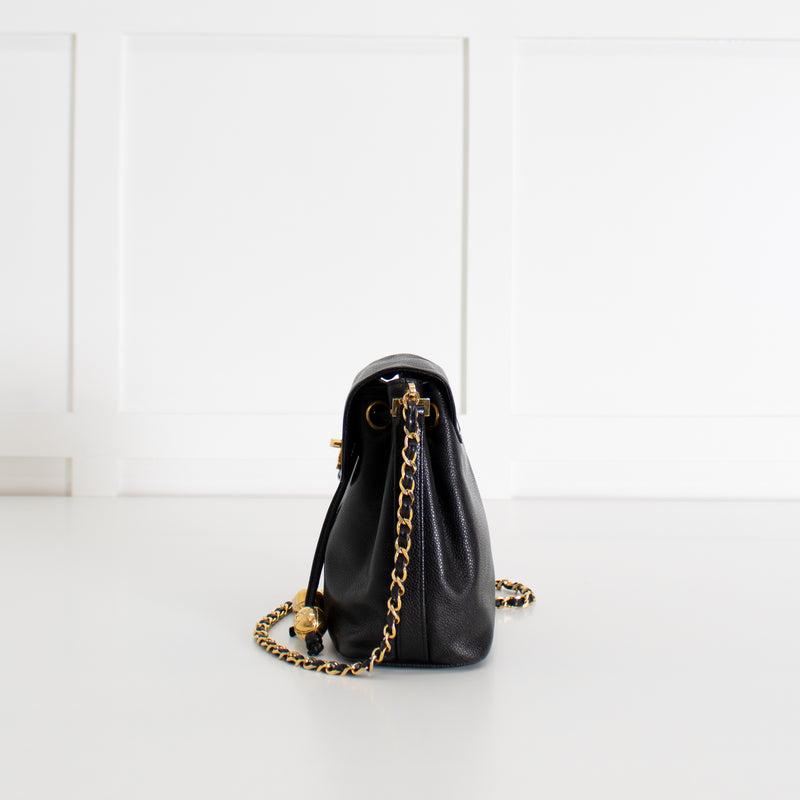 Chanel Black Caviar Leather Vintage Classic Flap Drawstring Crossbody Bag