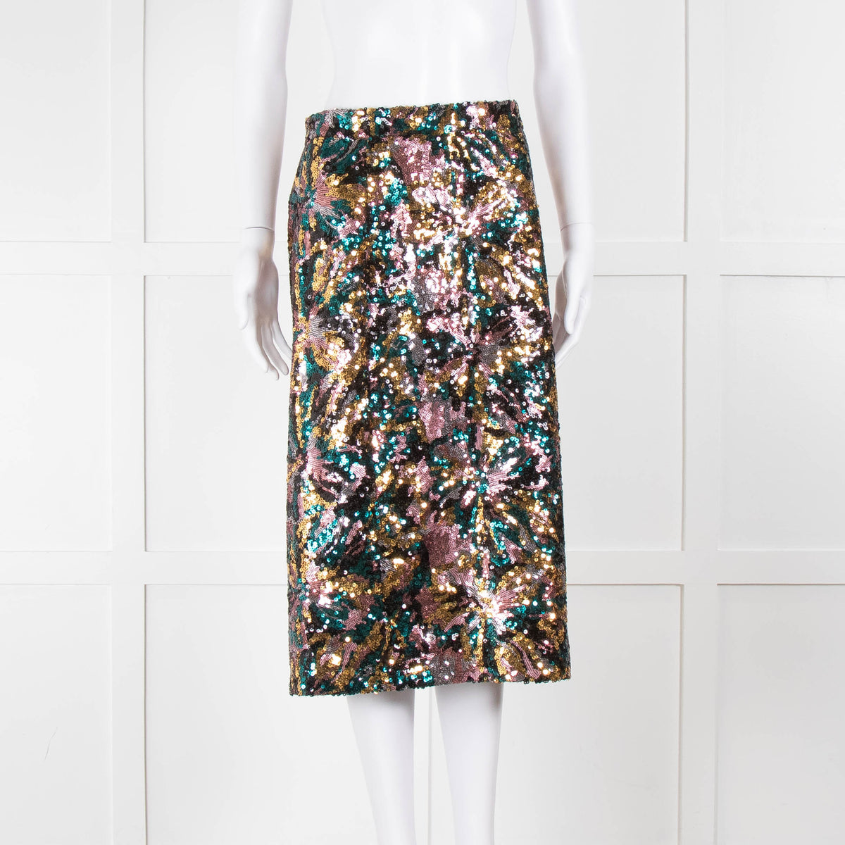 Sezane Blue, Gold and Pink Sequin Floral Pencil Skirt