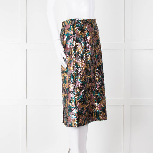 Sezane Blue, Gold and Pink Sequin Floral Pencil Skirt